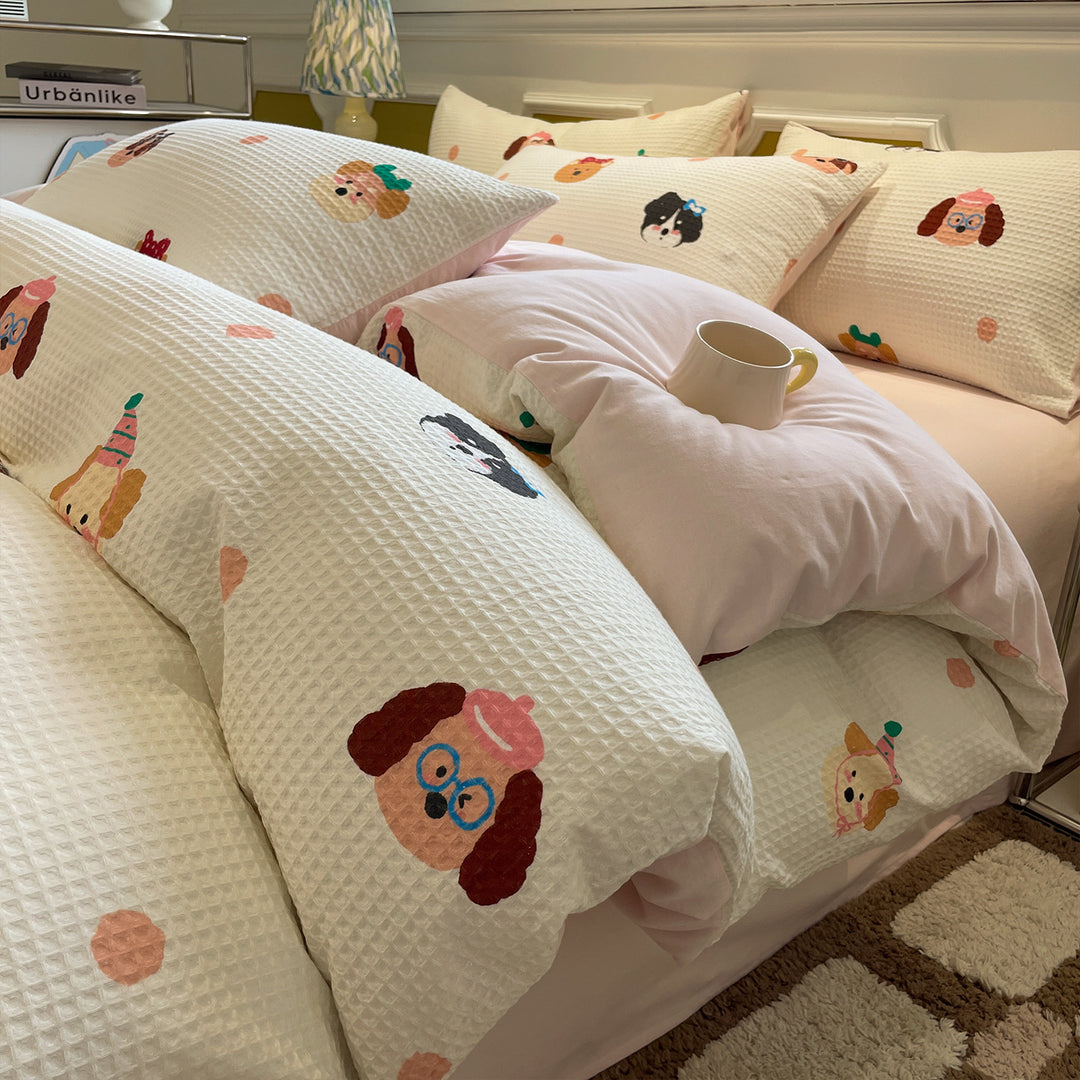 Cotton bedding set, waffle pique look, printed
