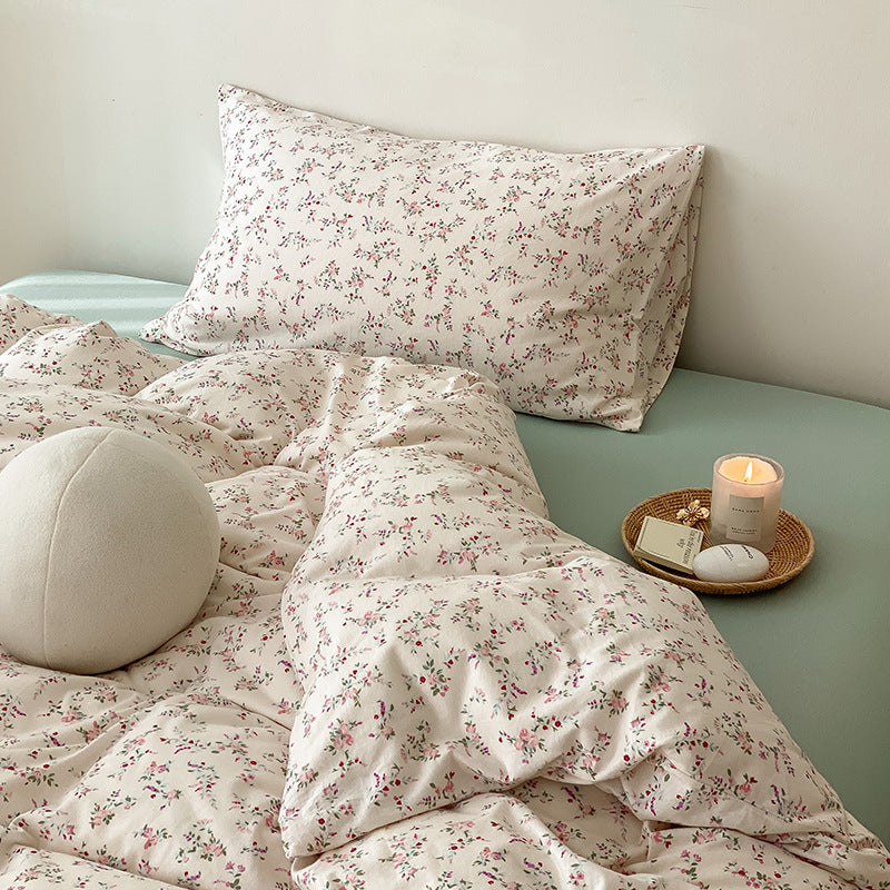Cotton jersey bedding set, 4-piece, with plant motif