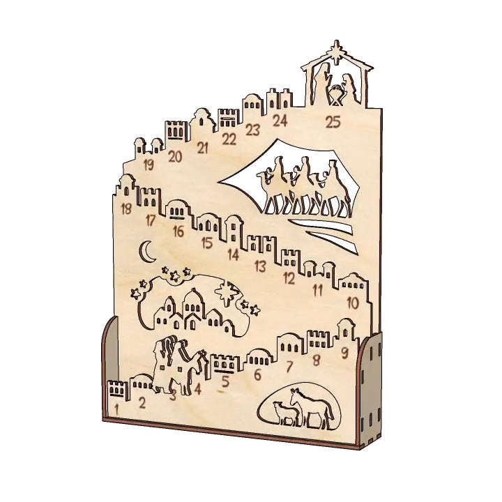 Illuminated wooden Advent calendar for the Christmas season