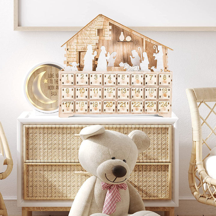 LED Advent Calendar Made of Wood, Nativity Scene