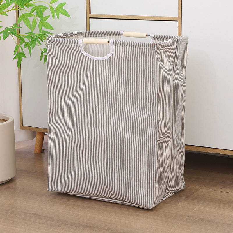 Collapsible laundry basket, cotton-linen, with wooden handles