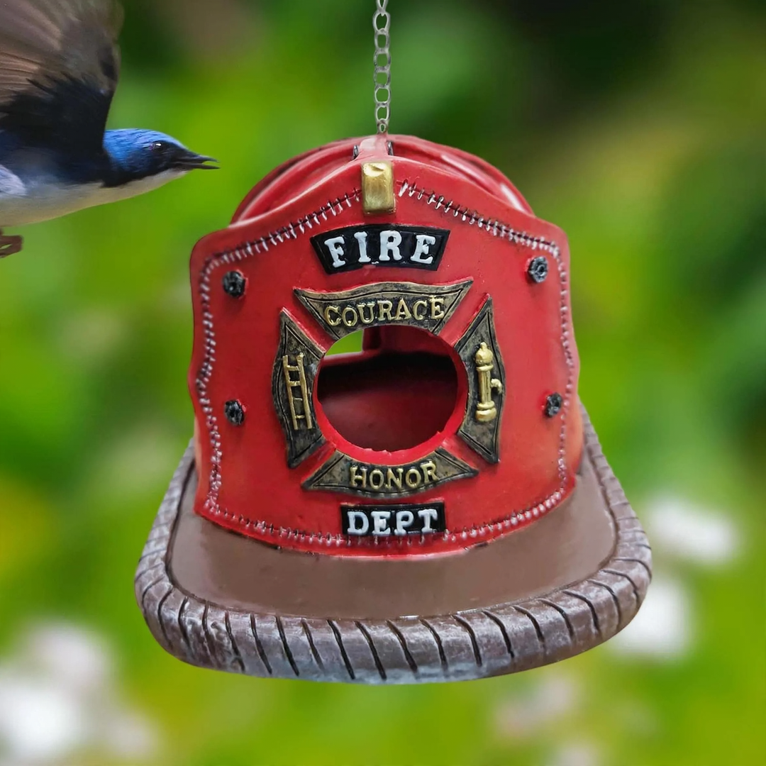 Birdhouse in firefighter helmet design made of resin