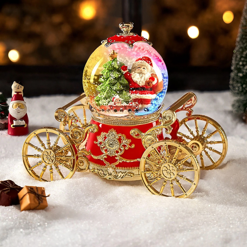Christmas snow globe with music box and carriage design