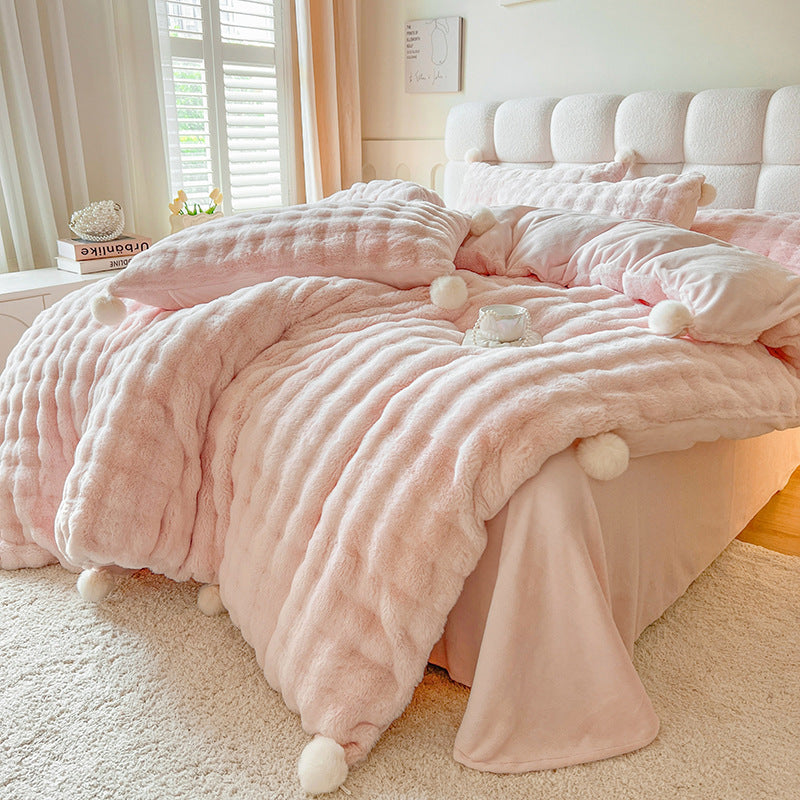 Fluffy milk fiber fleece bedding set with pom-poms