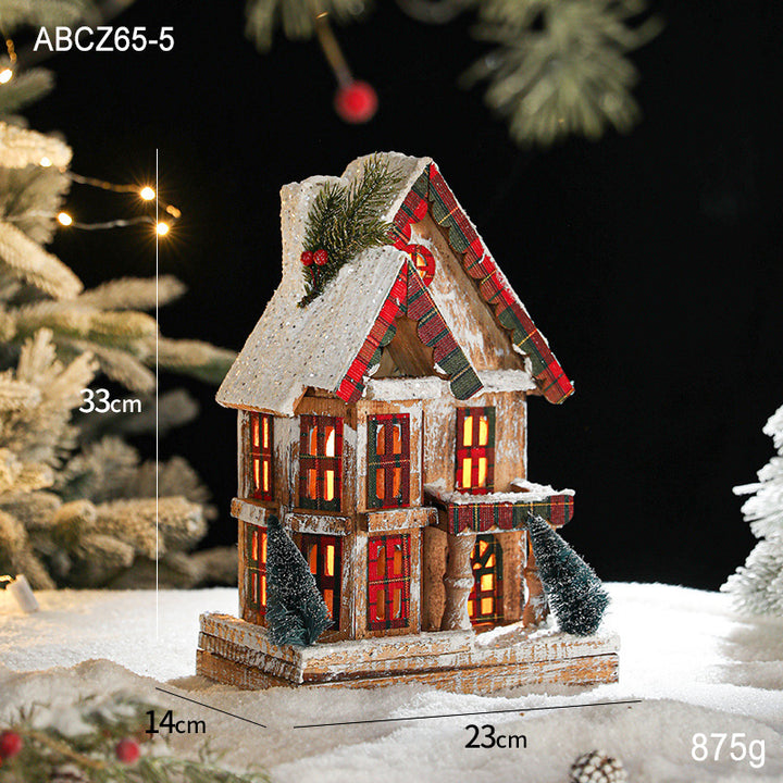 Illuminated wooden Christmas house in European retro style