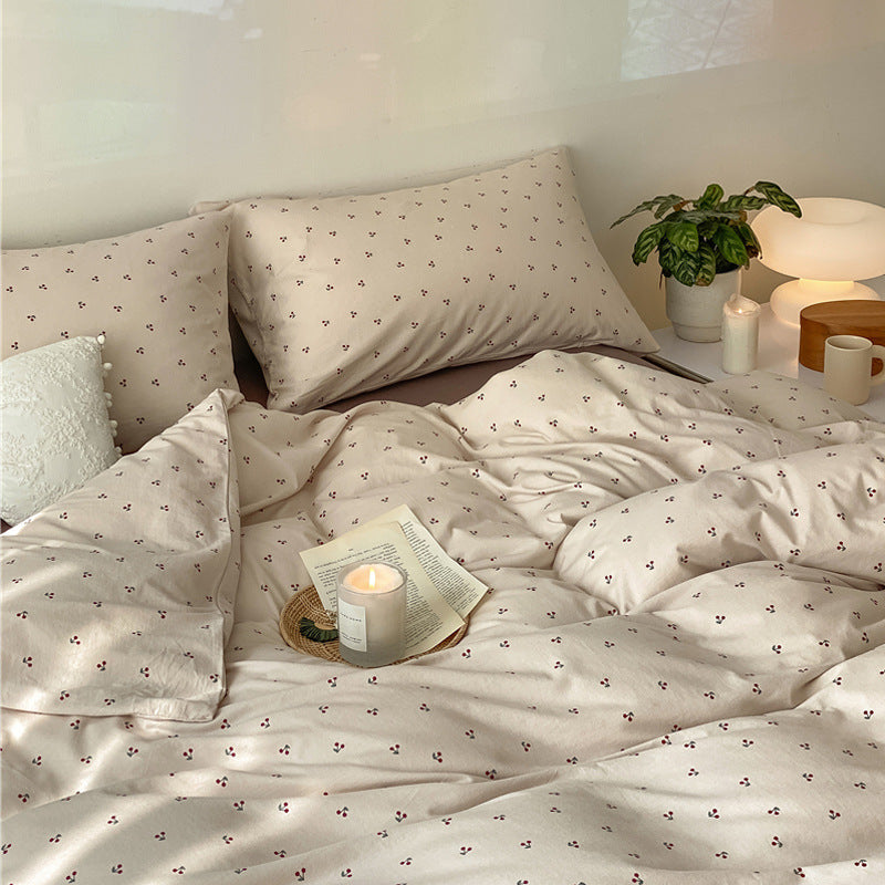 Cotton jersey bedding set, 4-piece, with plant motif