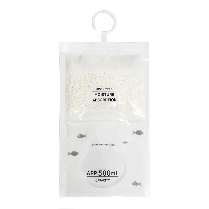Hanging dehumidifying bag for wardrobes