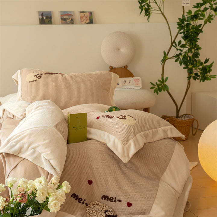 Milk fiber fleece bedding set, waffle texture, 4-piece