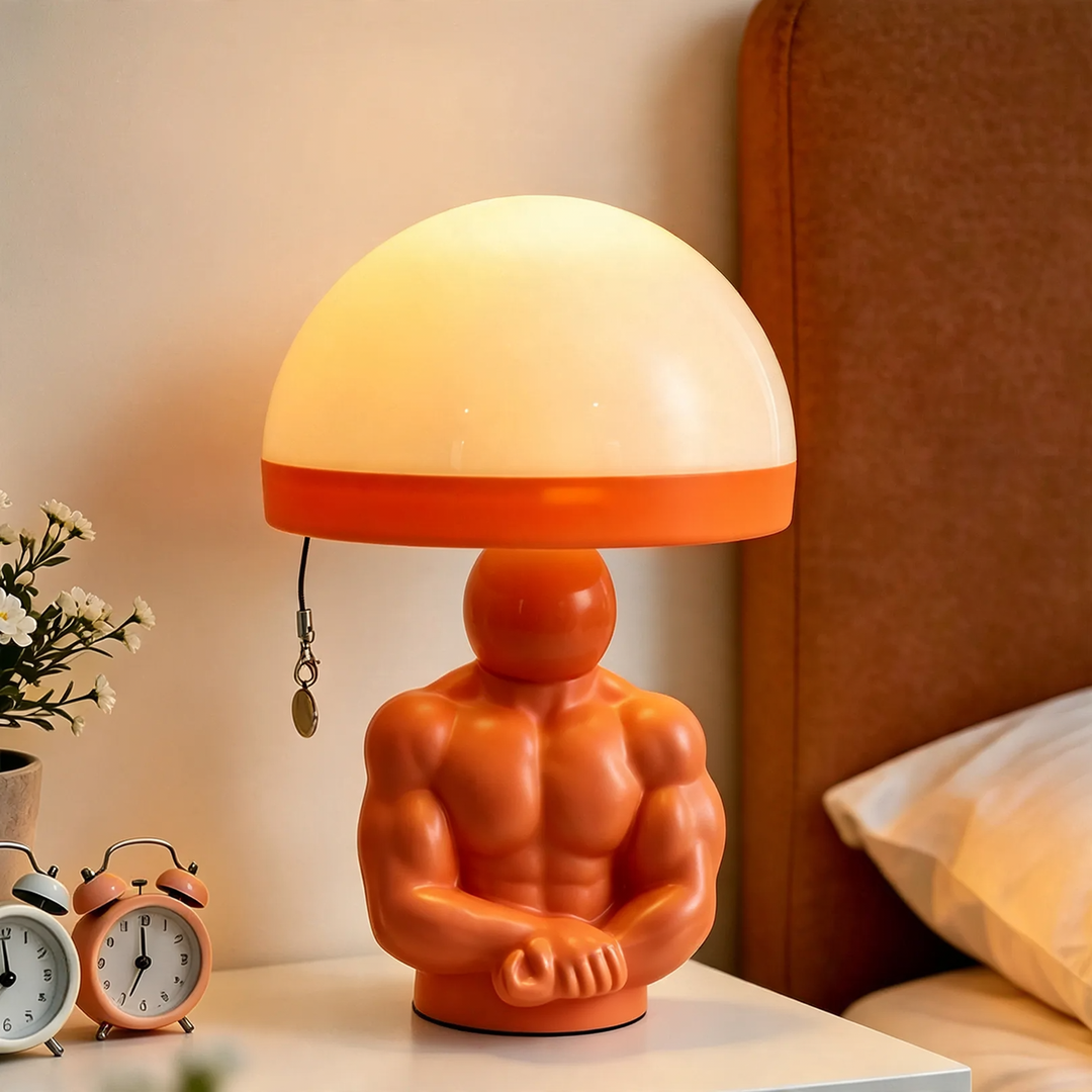 Mushroom table lamp with muscle figure