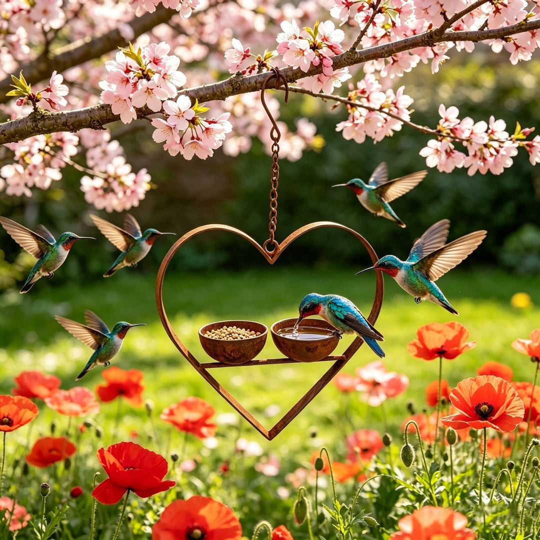 Heart-shaped bird feeder made of metal with two bowls