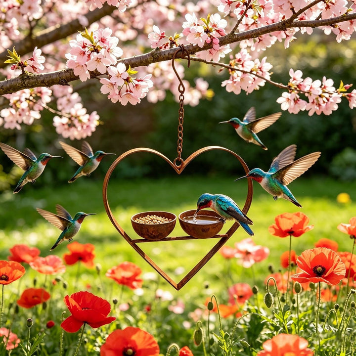 Heart-shaped bird feeder made of metal with two bowls