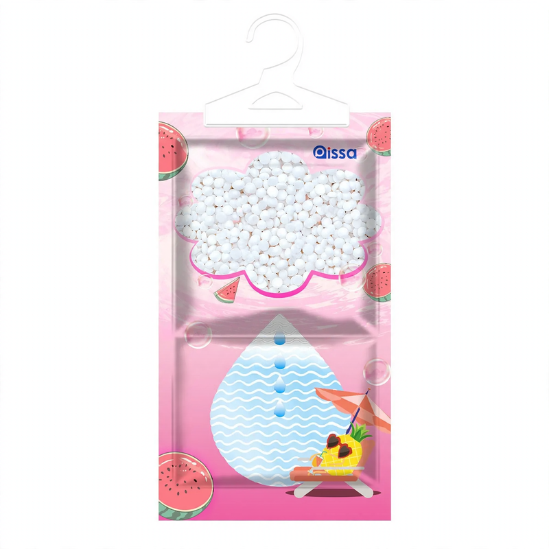 Hanging moisture absorber for wardrobes