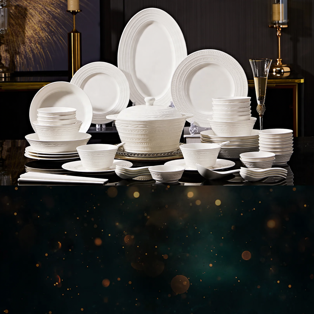 Porcelain Dinnerware Set with Gold Rim, Luxury Design