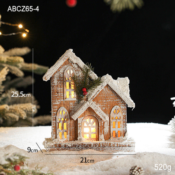 Illuminated wooden Christmas house in European retro style