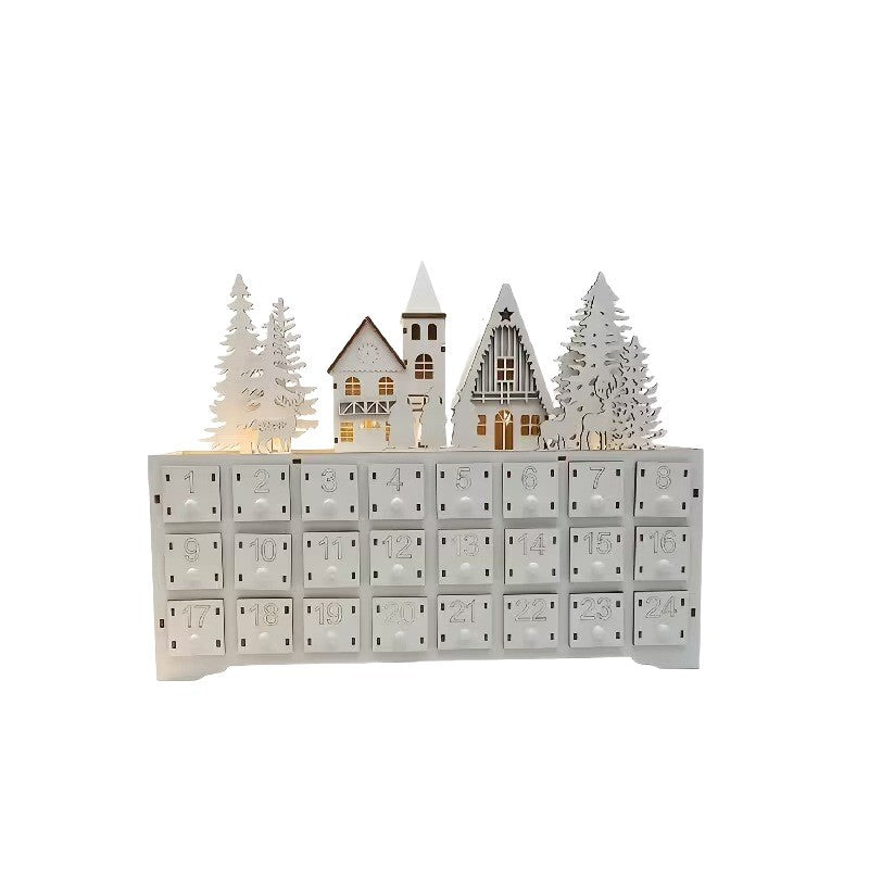 Illuminated wooden Advent calendar in village design