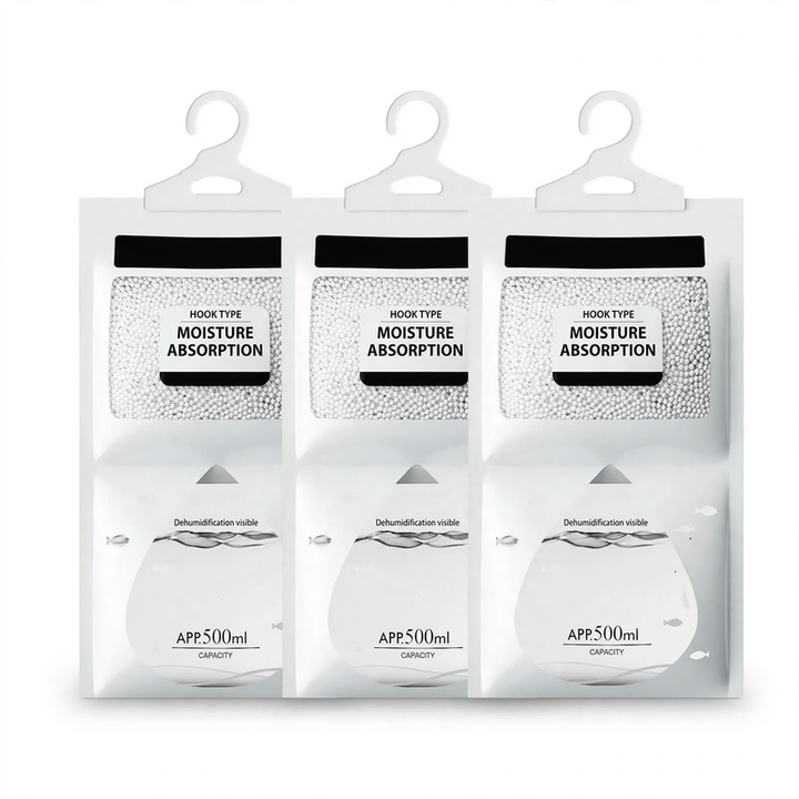 Hanging dehumidifier bags with hooks