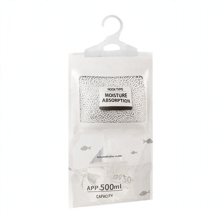 Hanging dehumidifying bag for wardrobes