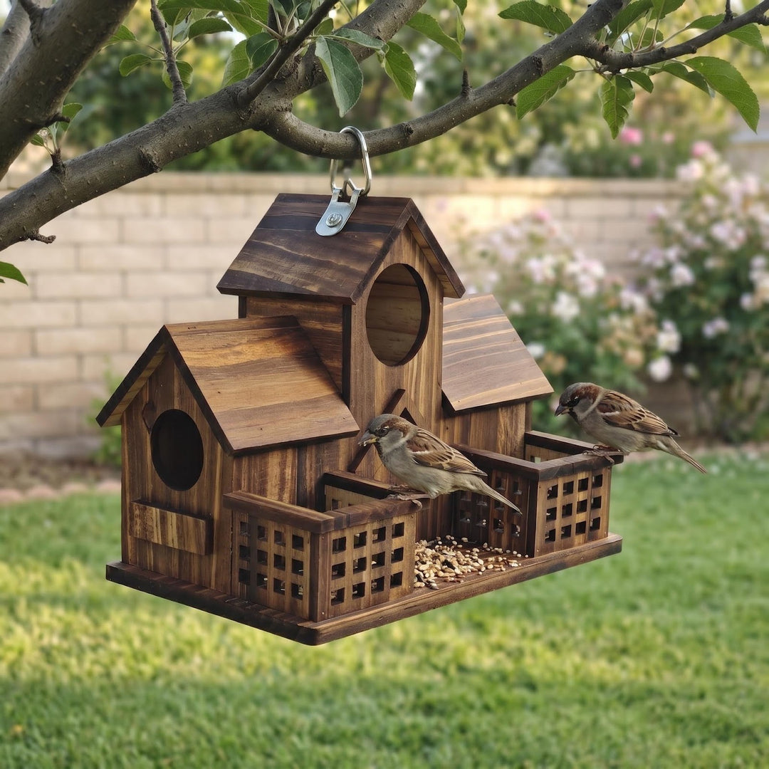 Birdhouse made of pine wood with feeding station