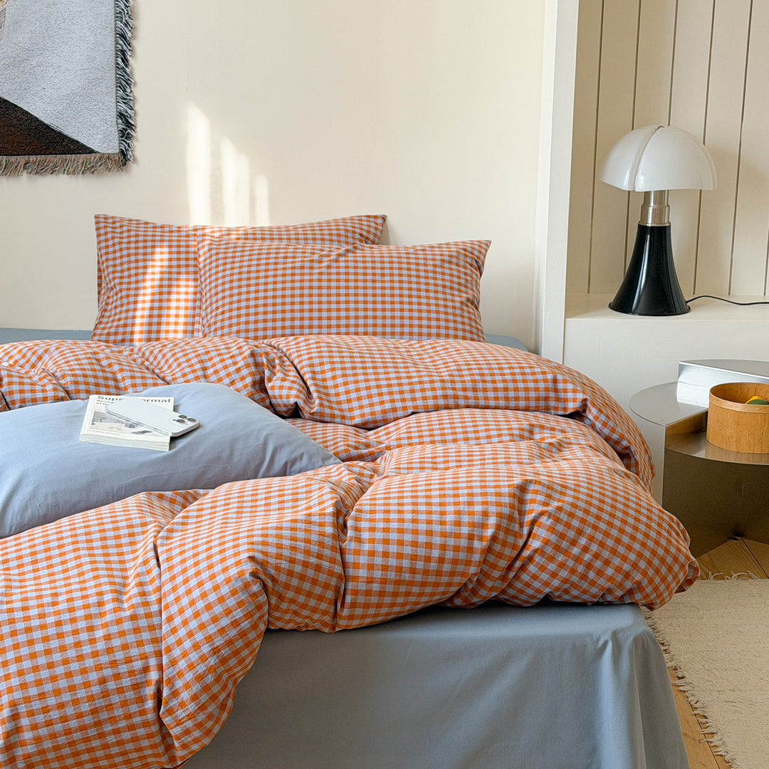 Washed cotton bedding, 4-piece, checkered