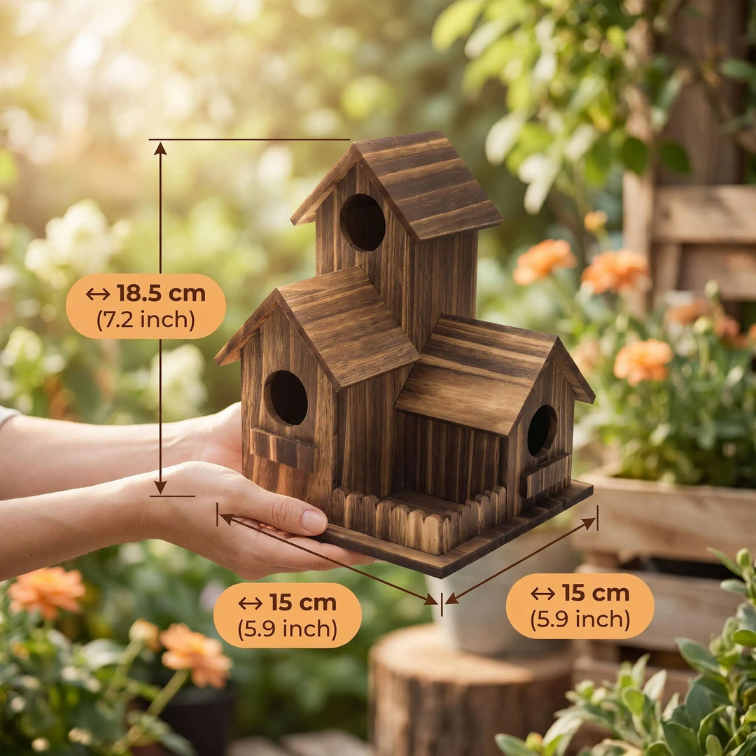 Two-story birdhouse made of carbonized pine wood