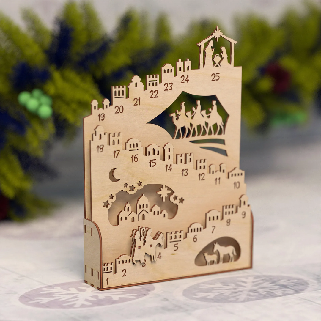 Illuminated wooden Advent calendar for the Christmas season