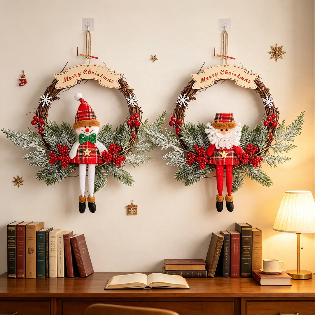 Handcrafted Christmas wreath made of rattan with pine cones