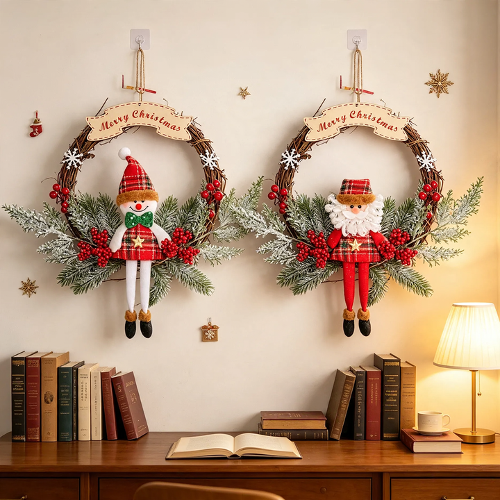 Handcrafted Christmas wreath made of rattan with pine cones