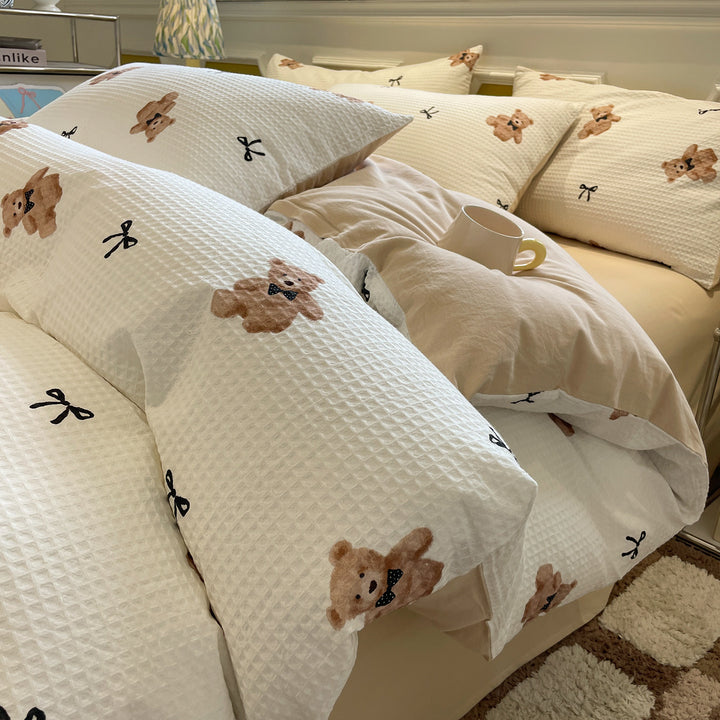 Cotton bedding set, waffle pique look, printed