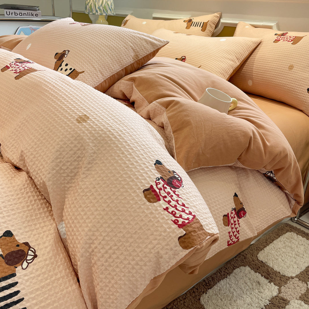 Cotton bedding set, waffle pique look, printed