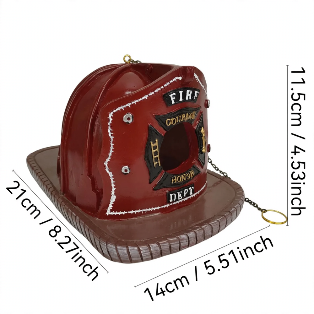 Birdhouse in firefighter helmet design made of resin