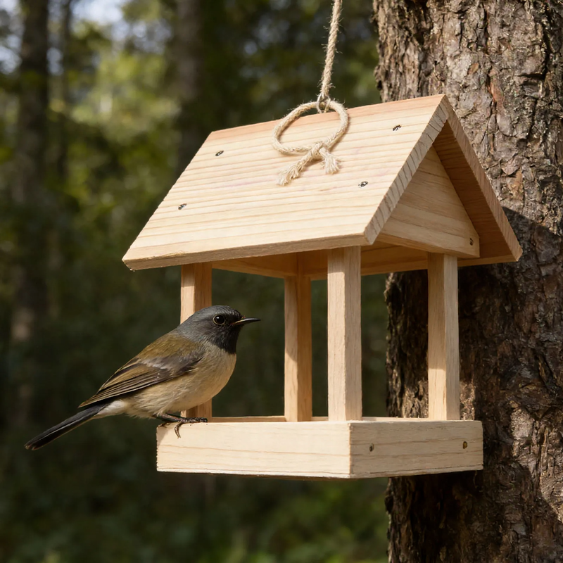 Open birdhouse made of wood as a feeding station
