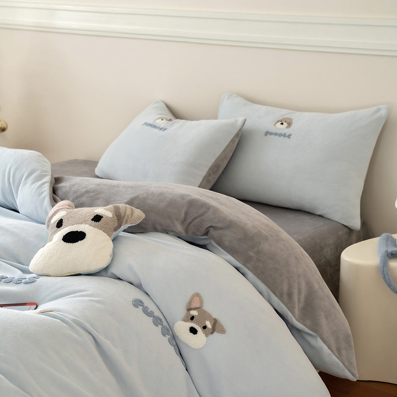 Cartoon-milk fiber bedding set, 4-piece, warming