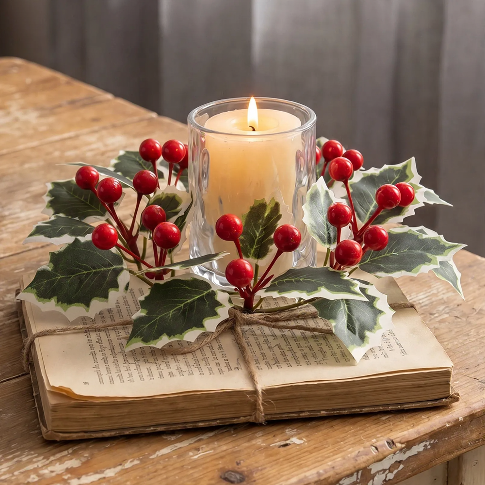 Christmas candle wreath with holly and pine cones