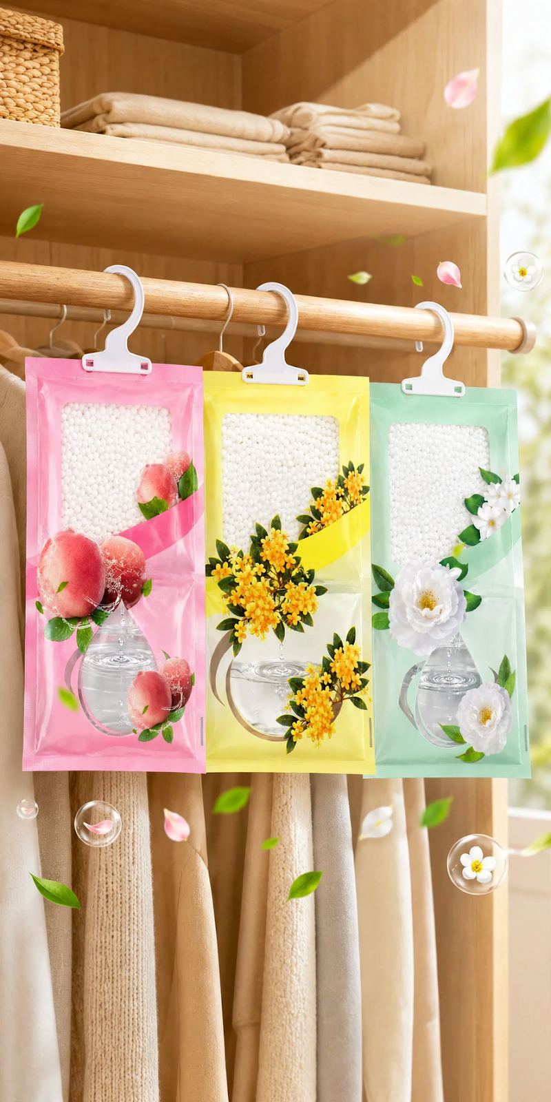 Hangable dehumidifier with fragrance for wardrobes