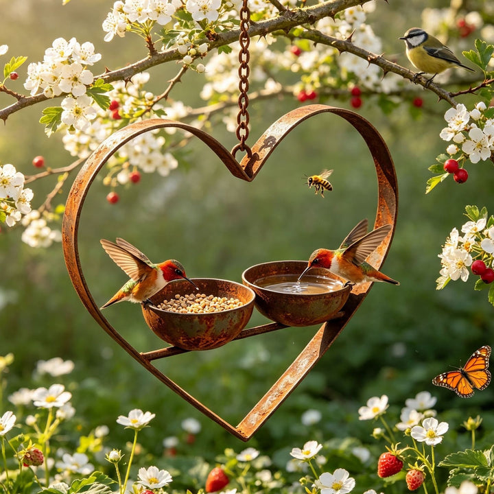 Heart-shaped bird feeder made of metal with two bowls