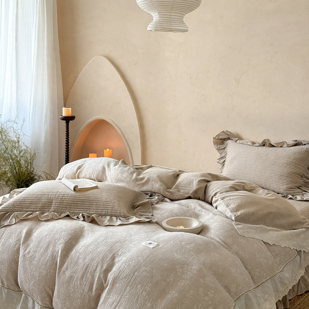 Quilted duvet 3-piece, cotton-linen mix