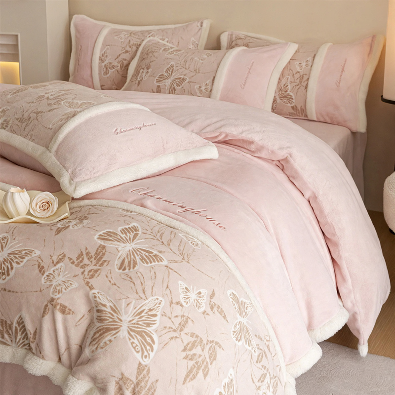 High-quality 4-piece milk fleece bedding set with embossing