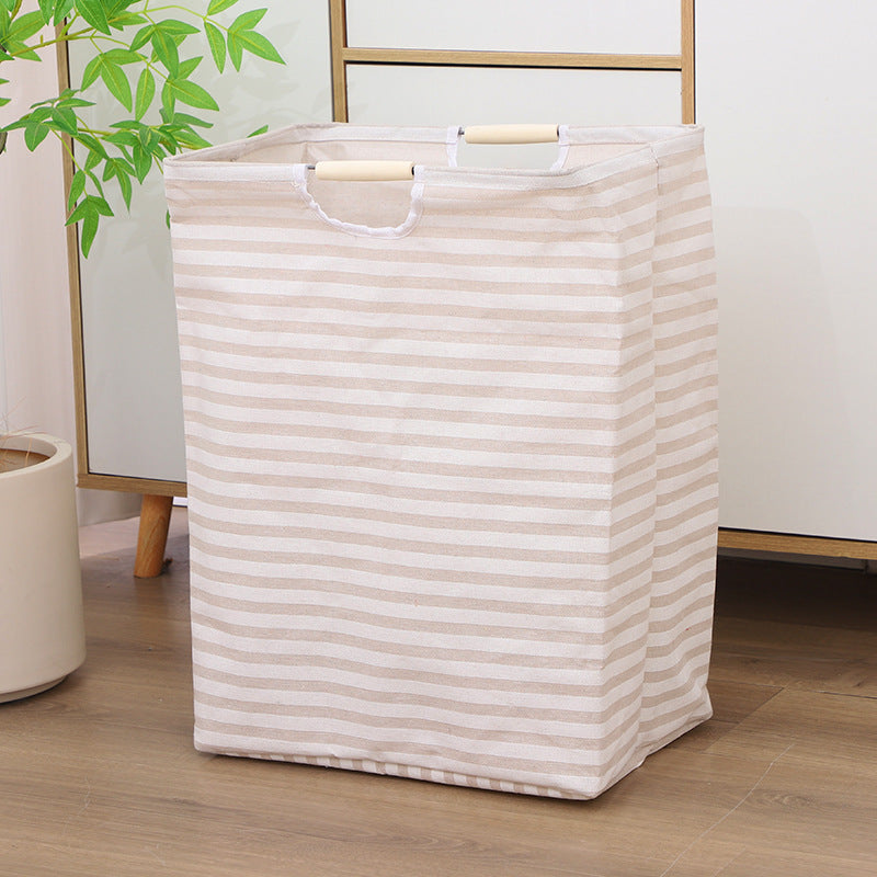 Collapsible laundry basket, cotton-linen, with wooden handles