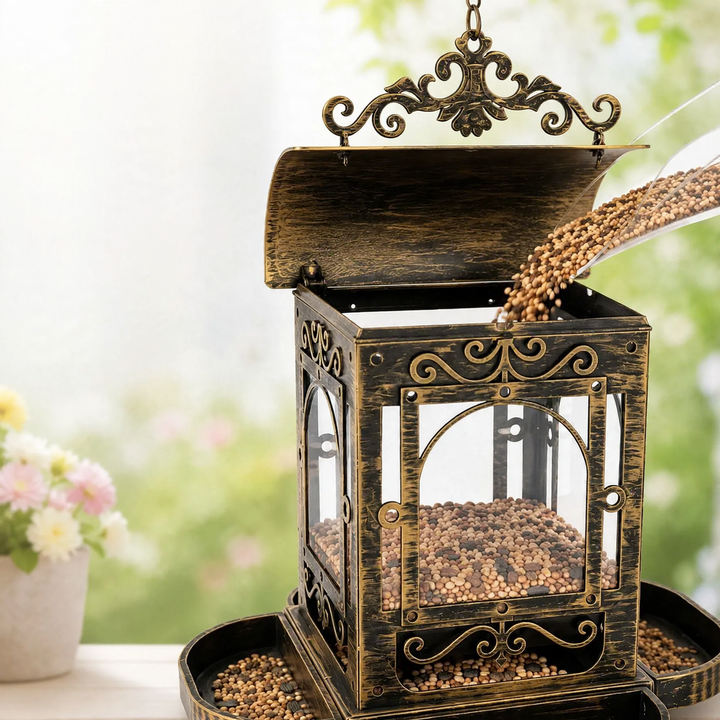 Bird feeder station in pavilion design made of iron