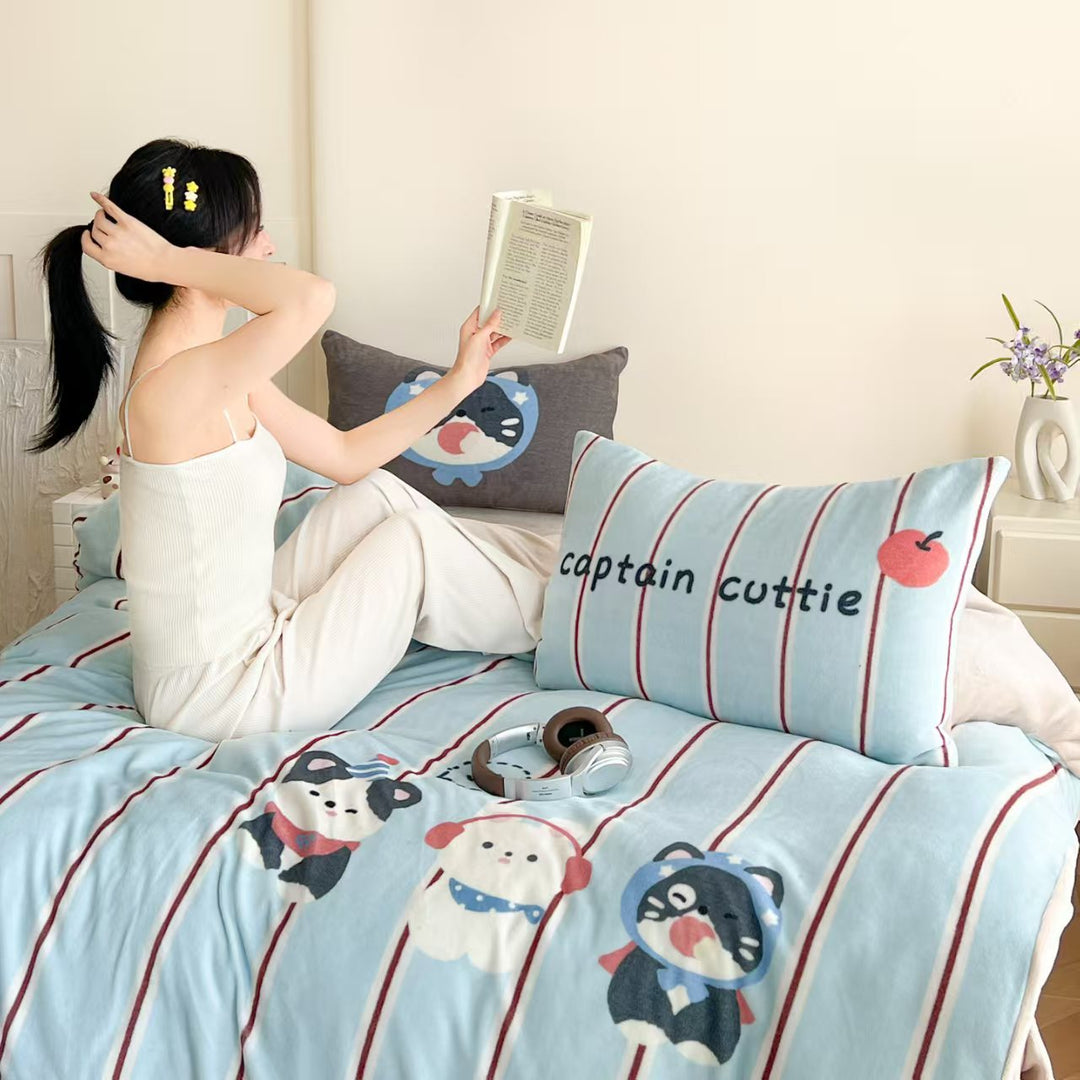 Milk fleece bedding set, cartoon design, warm