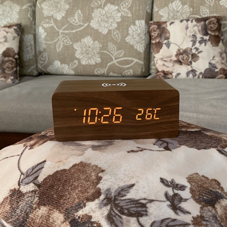 Wooden digital alarm clock with wireless charging function for smartphones
