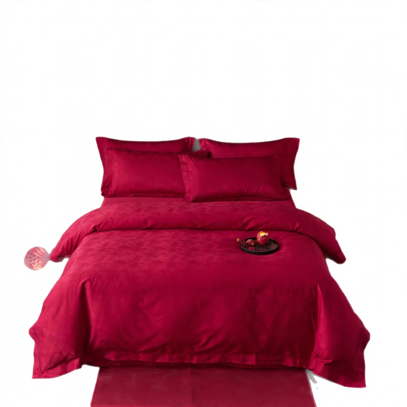 Wedding bedding, 4-piece, red with floral pattern