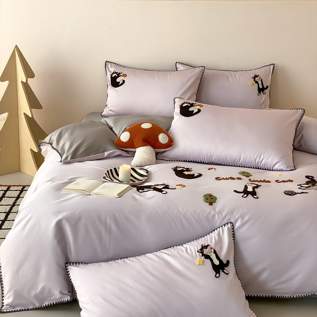 Cotton bedding set with towel embroidery, 4-piece