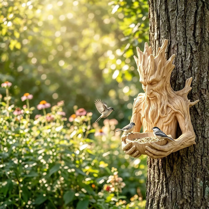Creative tree face bird feed station made of wood