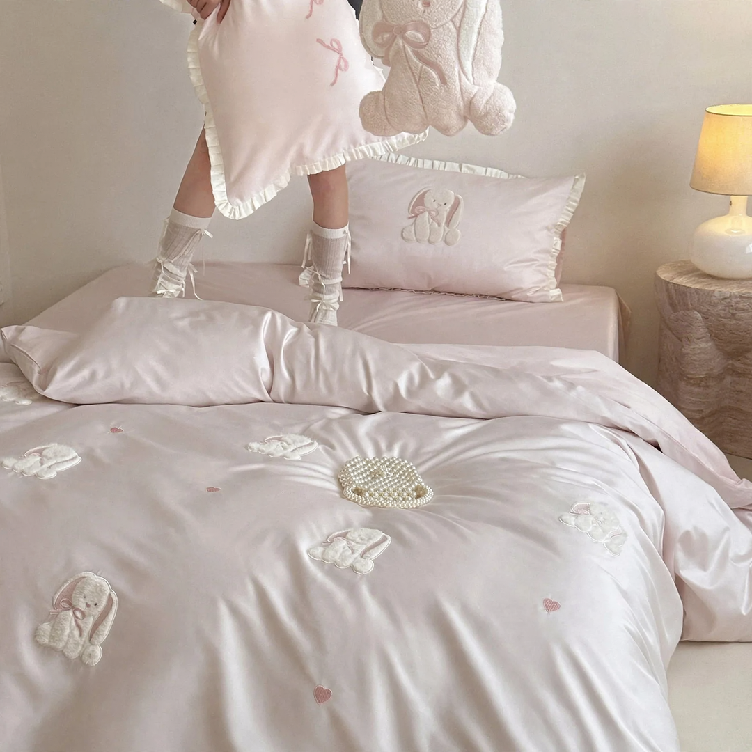 Cotton bedding set, 4-piece, rabbit motif