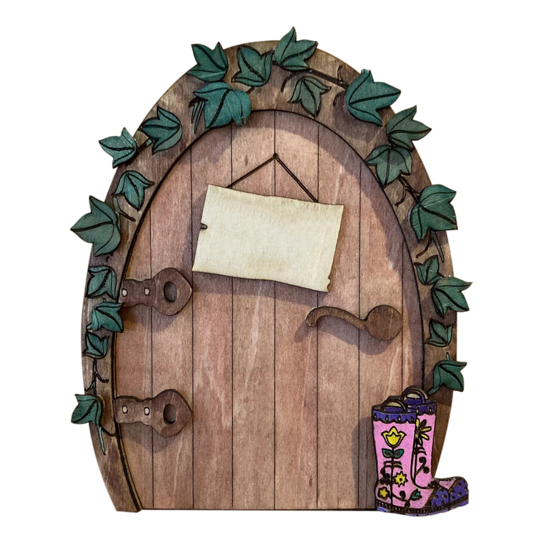 Decorative 2D elf door made of pine wood with animal motifs