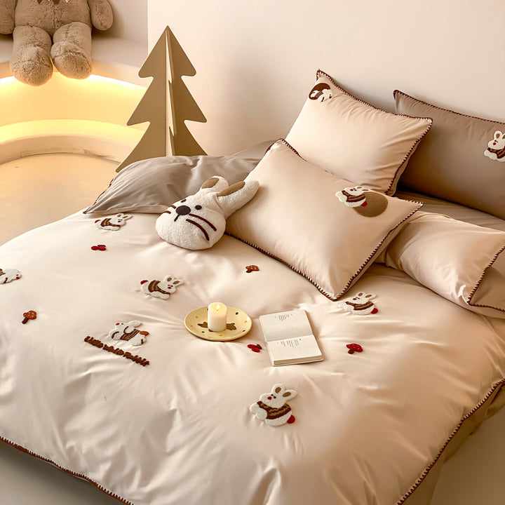 Cotton bedding set with towel embroidery, 4-piece