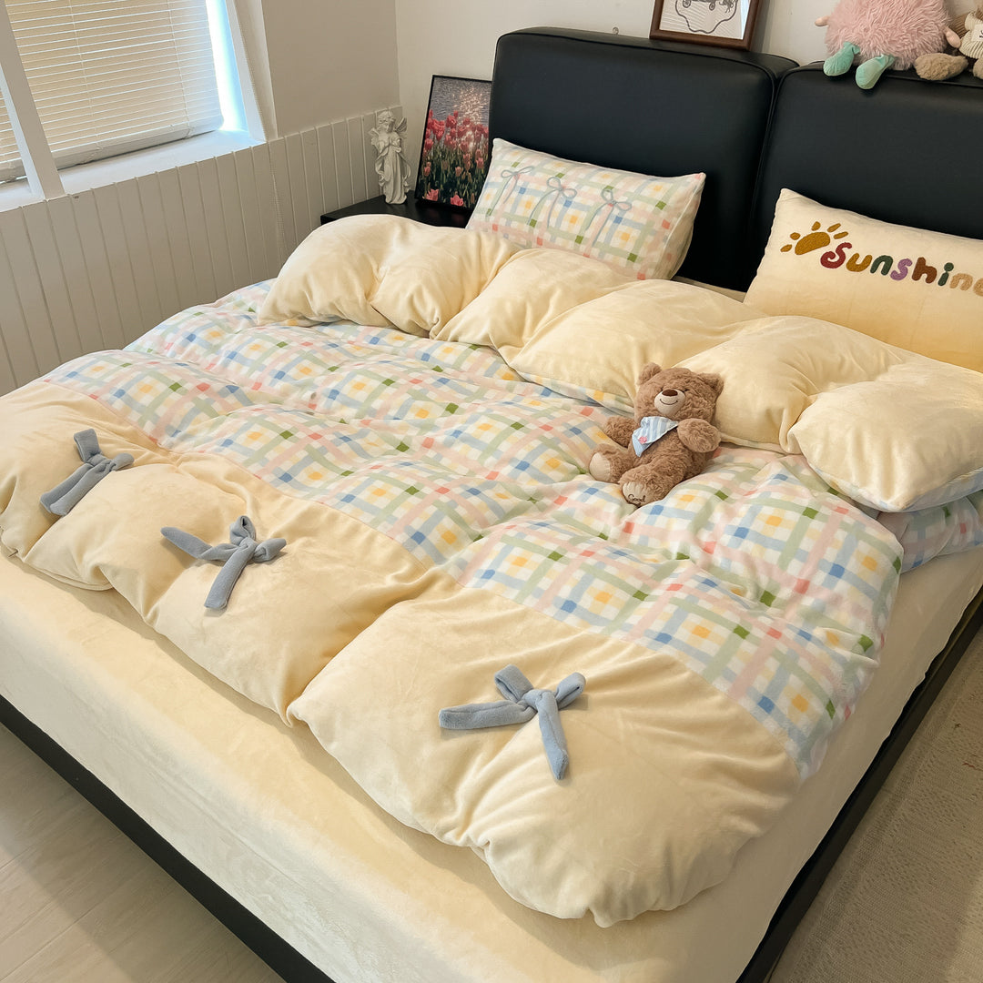 Milk fiber fleece bedding set with bow design