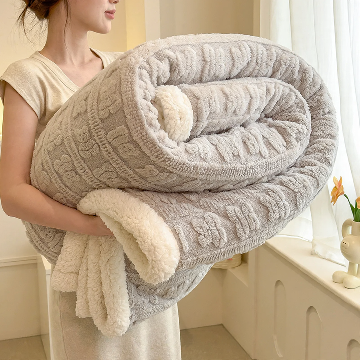 Jacquard sofa blanket with lamb fleece imitation, double-layered