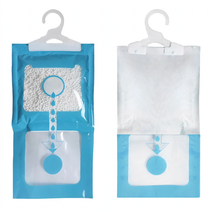 Hanging dehumidifying bag for wardrobes
